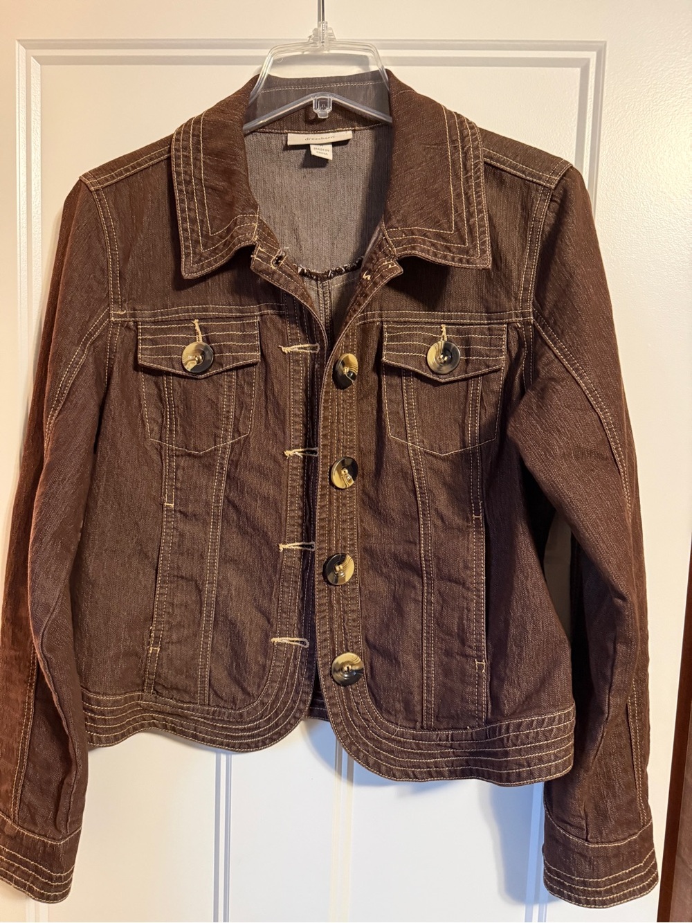 Dressbarn Medium Brown Denim Jacket Stretch Contrast Stitching